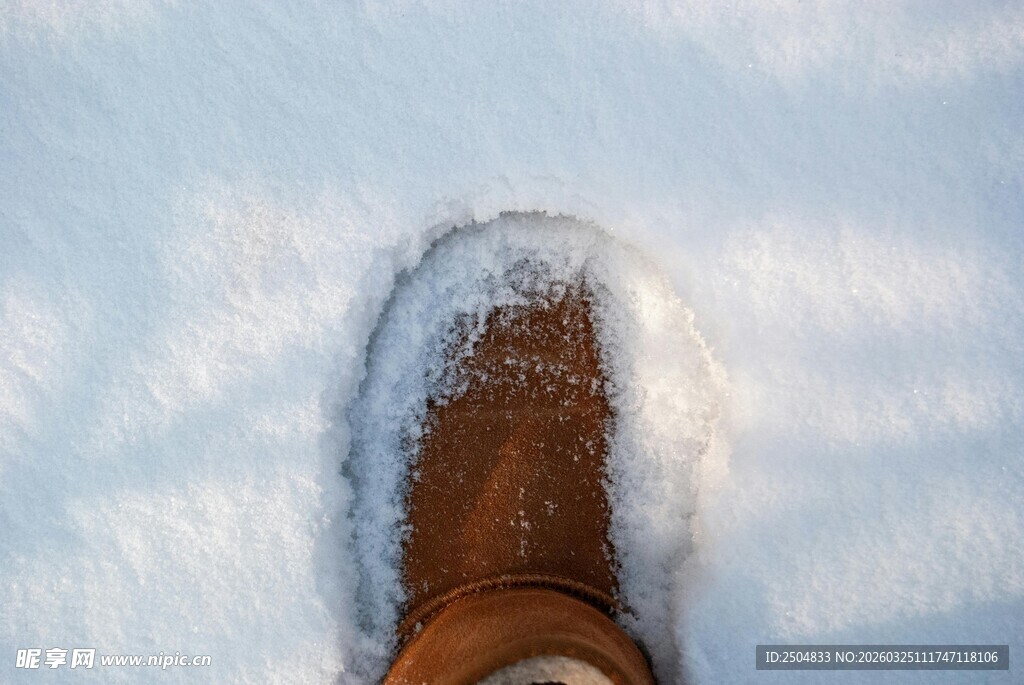 雪地中的棕色靴子