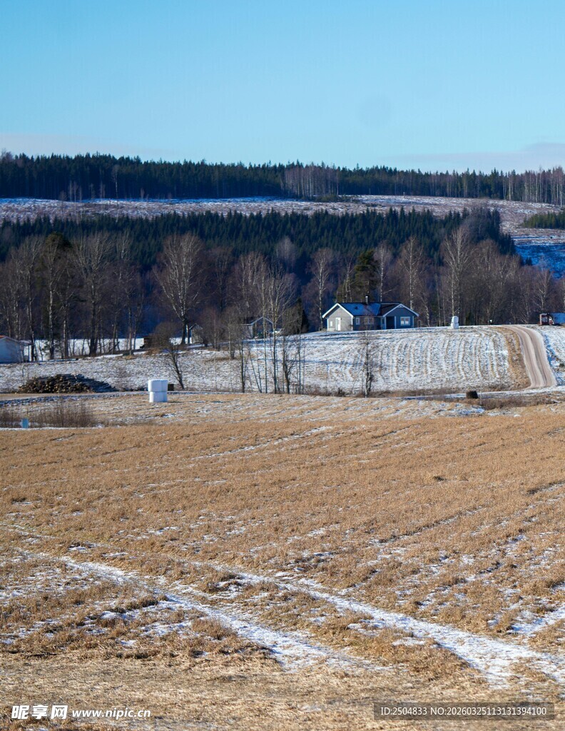 冬日空旷田野与远处建筑