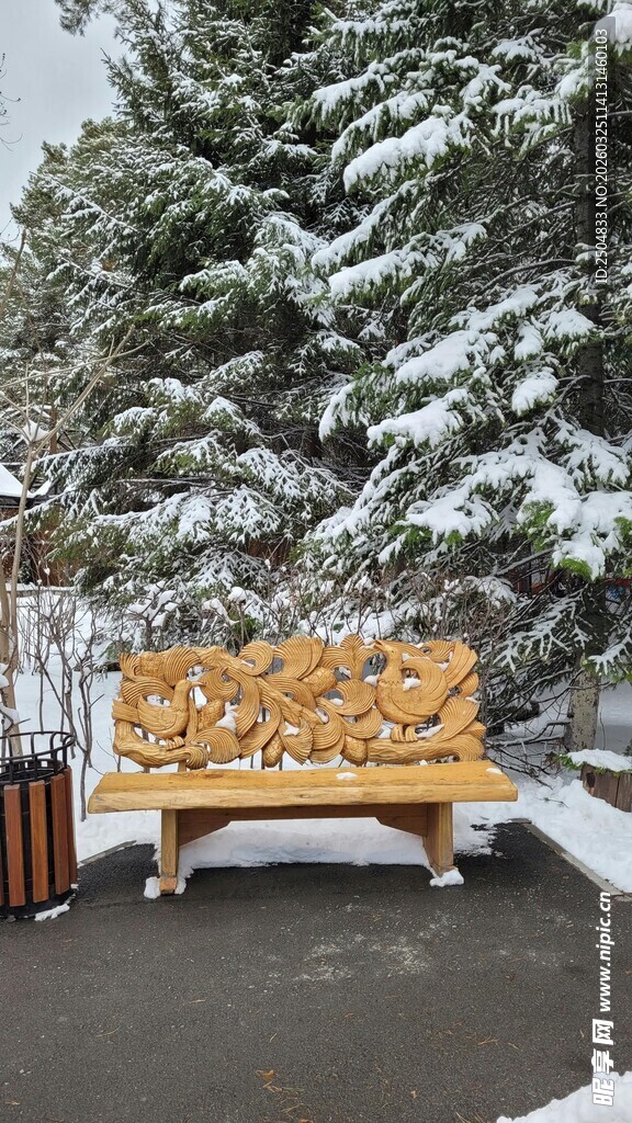 雪后落叶长椅冬日景致