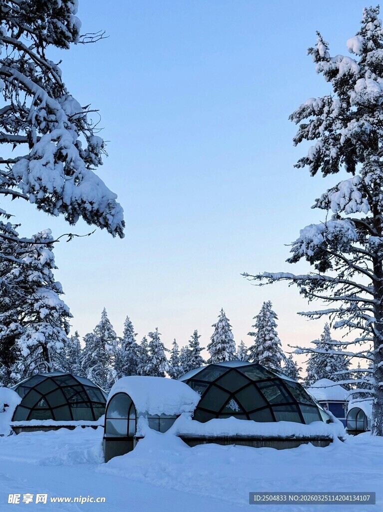 雪覆林间小屋冬日景致