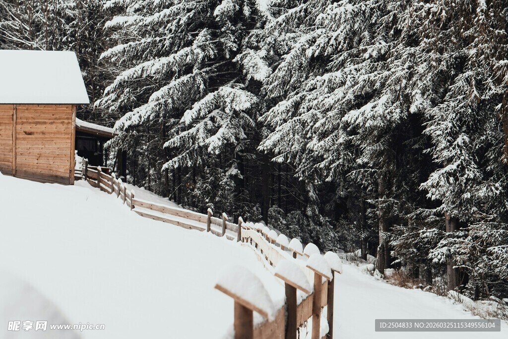 雪覆山林中的木屋景致