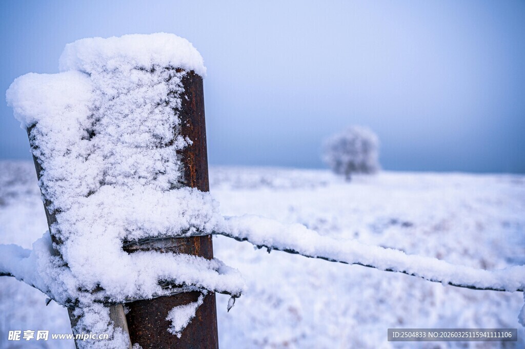 冬日雪覆围栏美景