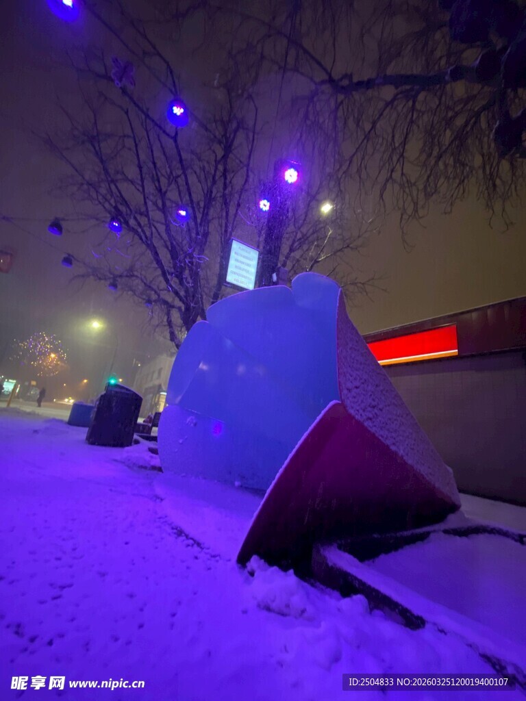 雪夜中的独特雕塑景观