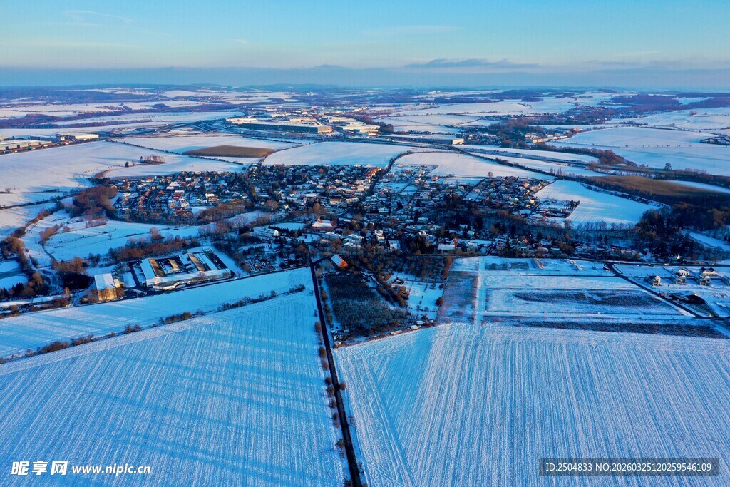 冬日雪覆村庄田野生机