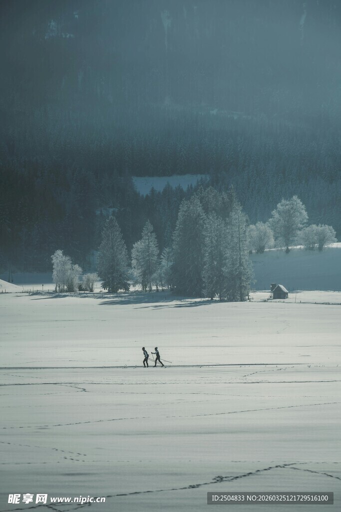 雪野漫步中的两人身影