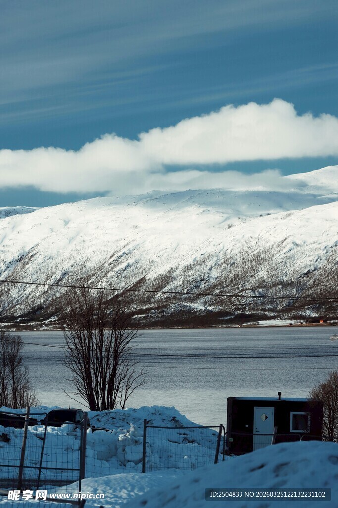 冬日雪景中的静谧湖畔