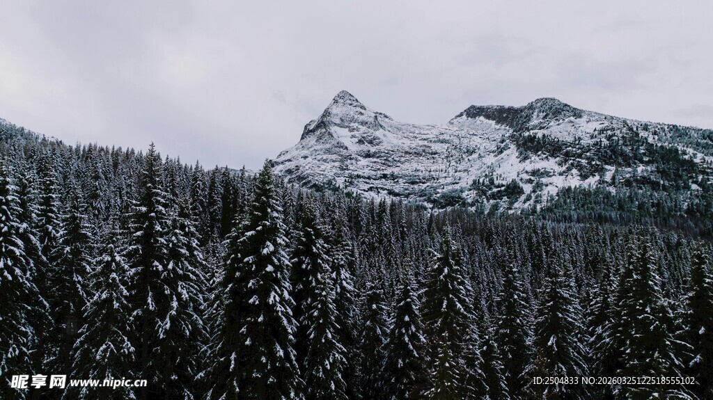 雪覆山林间的巍峨山峰