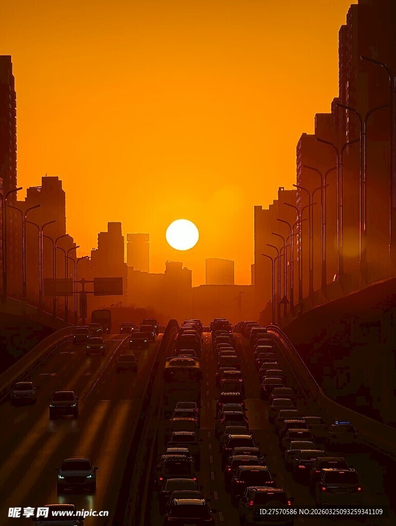 夕阳下城市道路车流景观