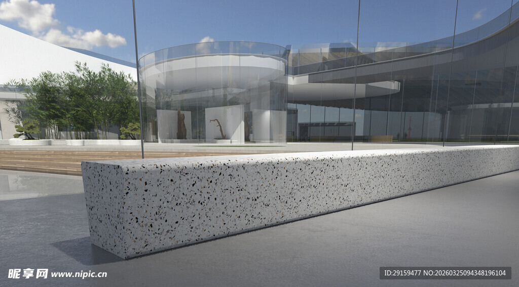 现代建筑旁的混凝土长凳