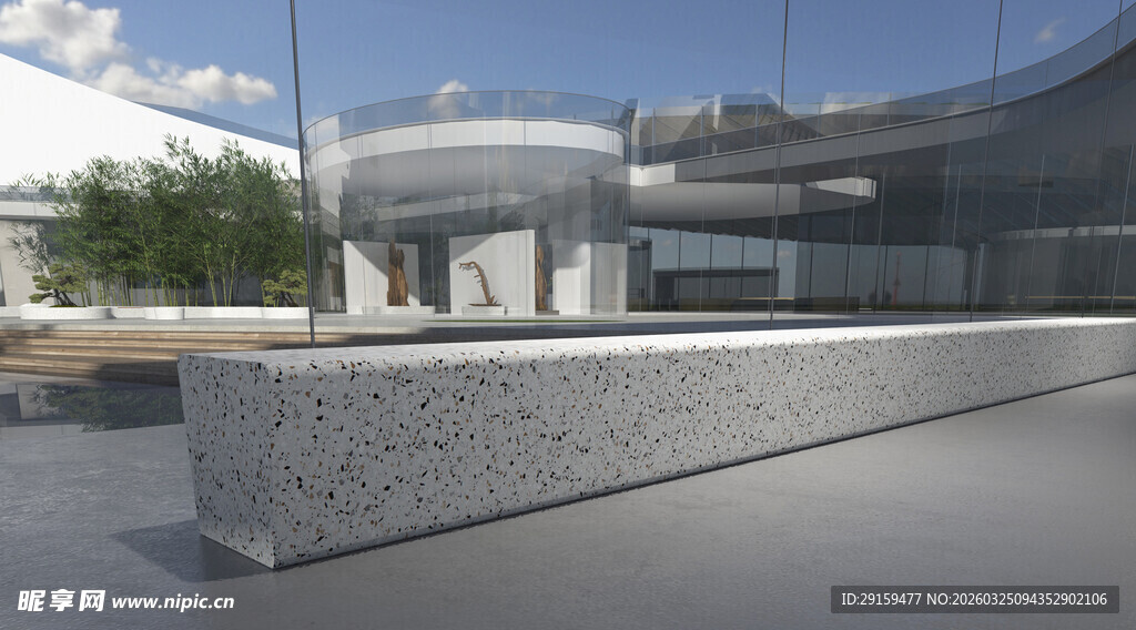 现代建筑旁的石质景观台