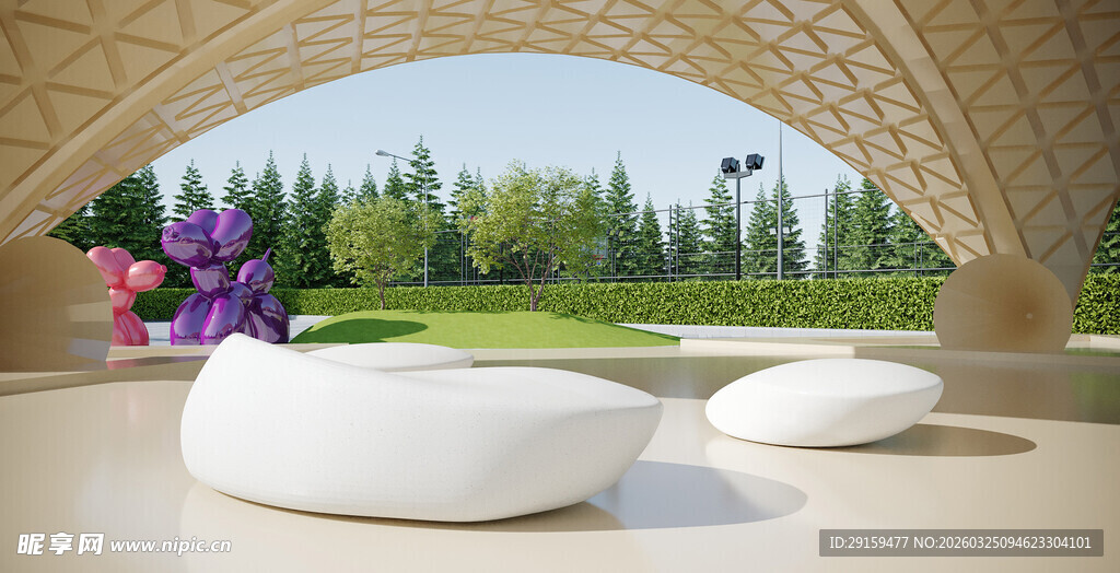 户外拱形景观下的白色座椅