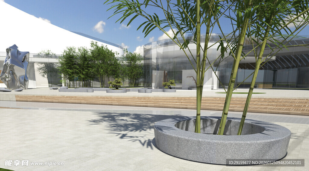 户外圆形花坛中的绿植景观