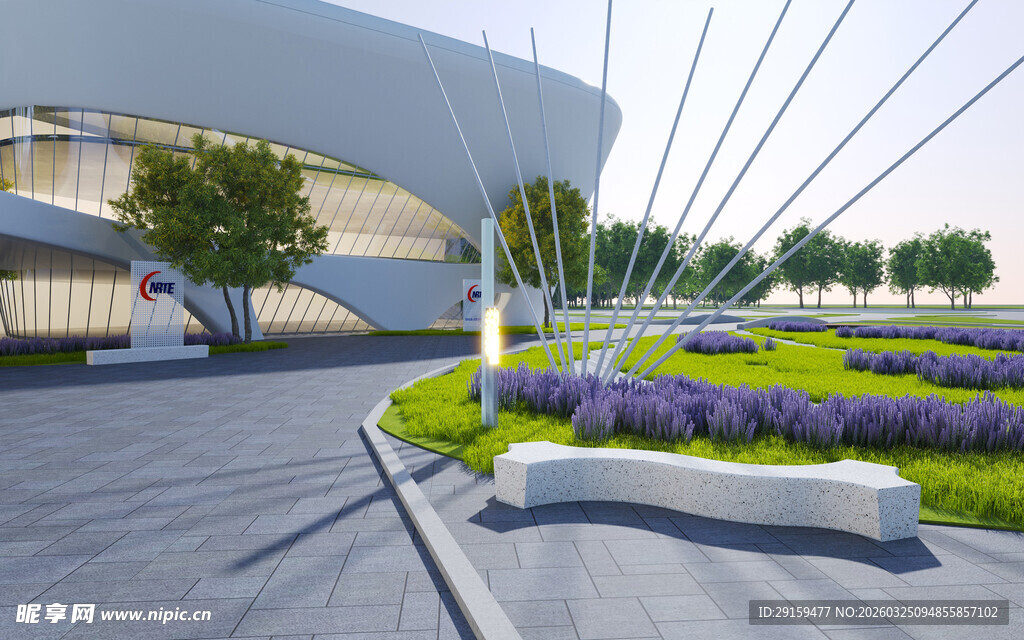 现代建筑旁的景观绿化带