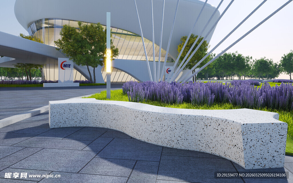 现代景观长椅与紫色花卉