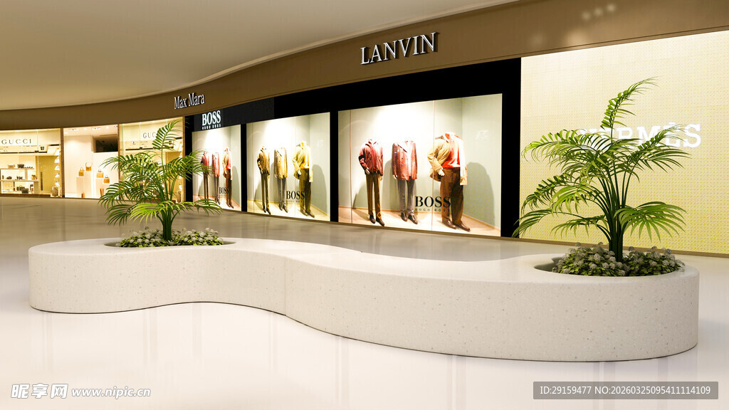 商场内时尚店铺前绿植景观