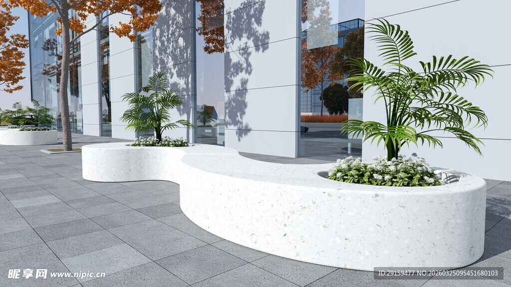 现代户外白色弧形花箱景观