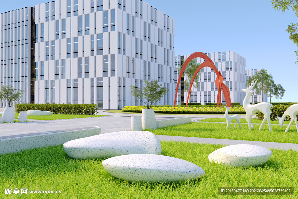 现代建筑旁的草坪景观