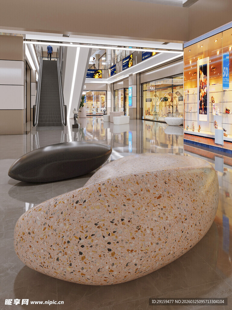 商场内独特造型的休闲石凳