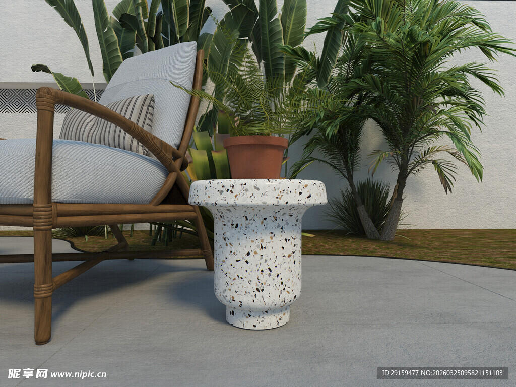 室内绿植旁的精致花纹小桌