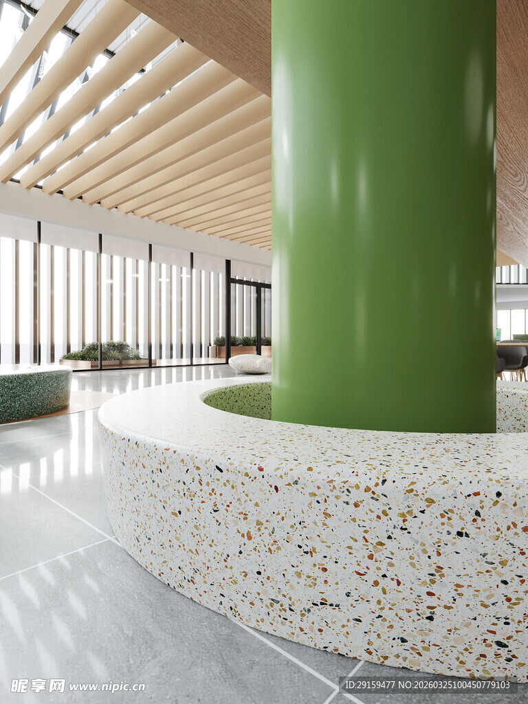 现代大厅中的绿色圆柱景观