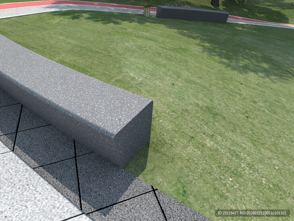 户外草坪旁的灰色长凳