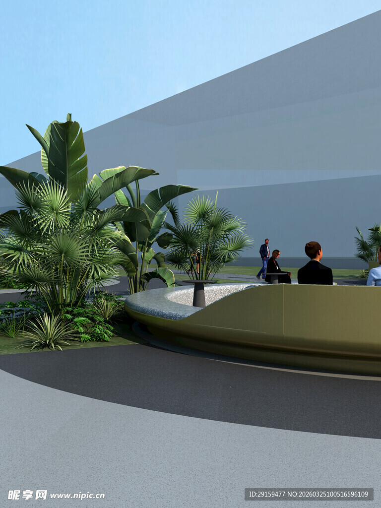 现代建筑旁的绿植景观