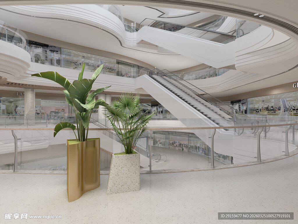 现代室内空间的绿植与扶梯