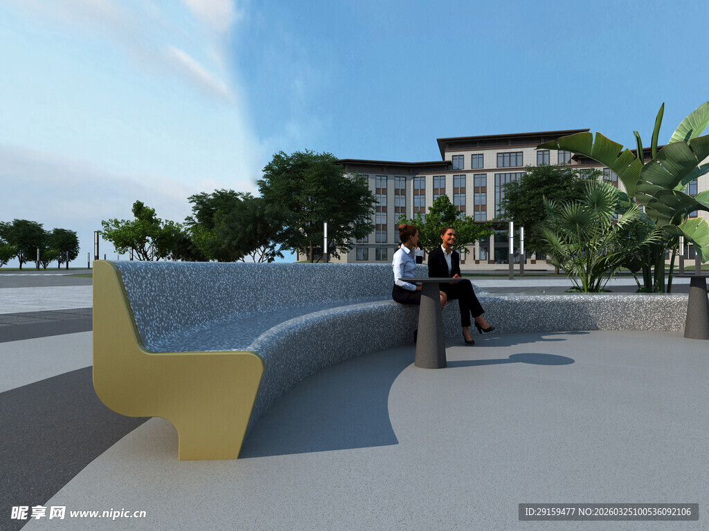 户外休闲长椅旁的惬意场景