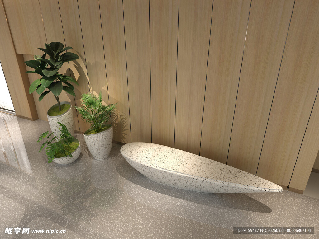 木质墙边的绿植与弧形摆件