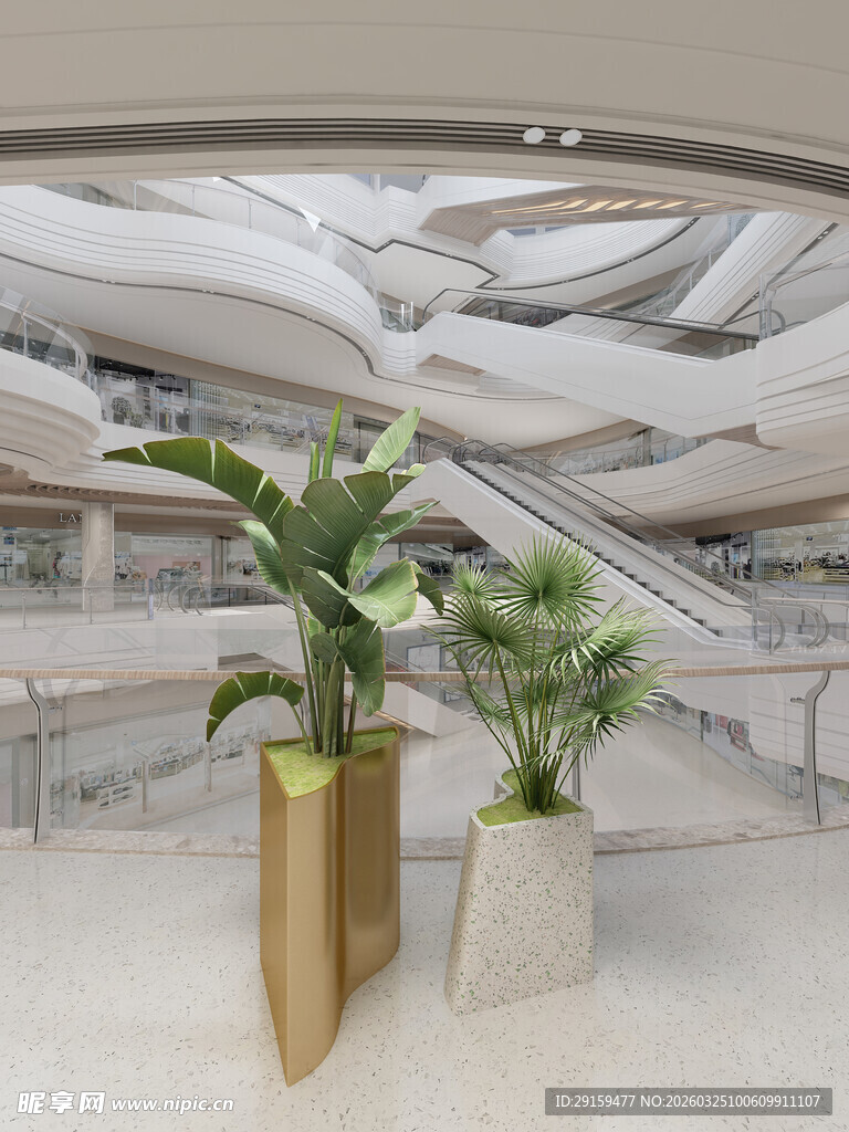 现代室内扶梯旁绿植景观