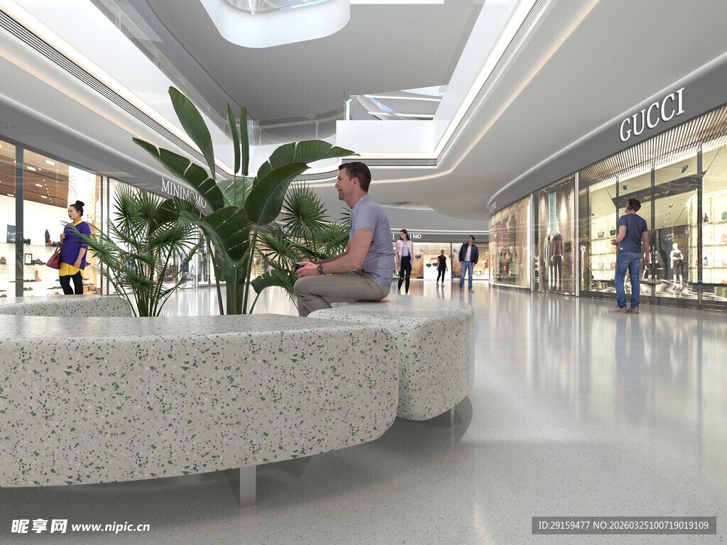 商场内景绿植与休憩的顾客