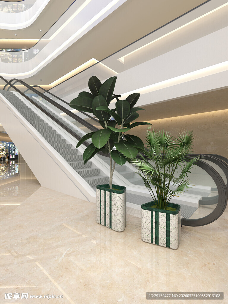 商场内的绿植与自动扶梯