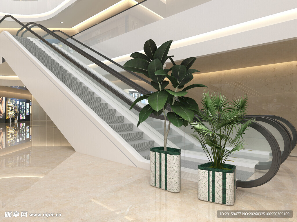 商场扶梯旁的绿植装饰