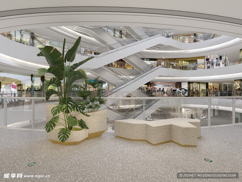 商场内景的绿植与休闲区域