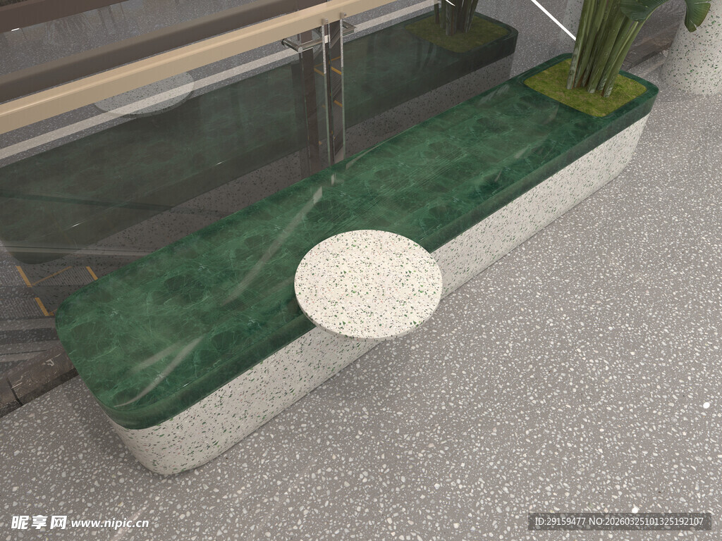 户外绿植长凳与圆形小桌