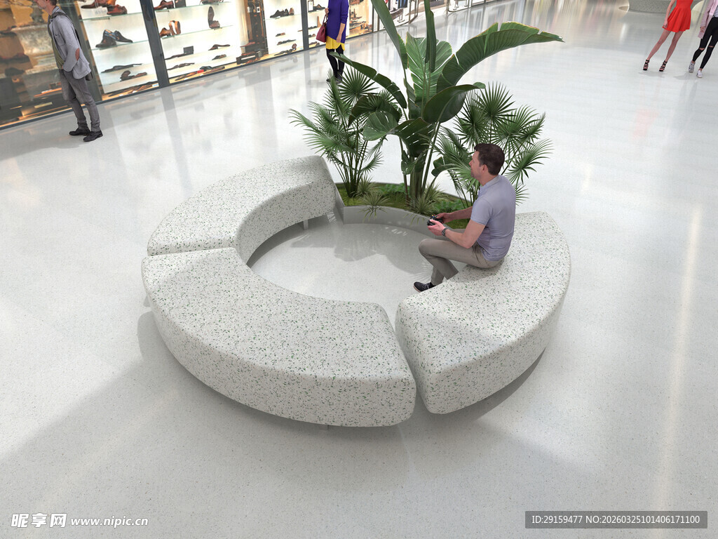 商场内环形座椅上的休憩者