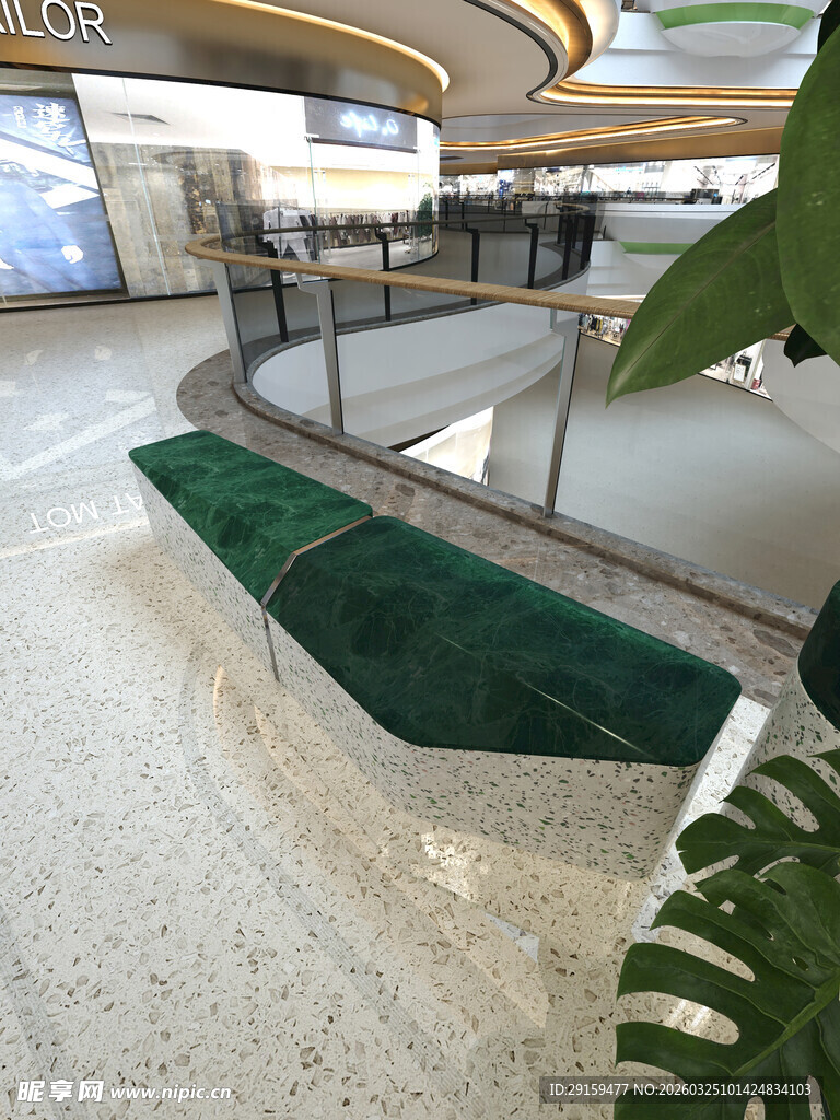 商场内的绿色弧形装饰座椅