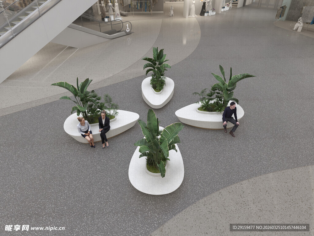 商场内的休闲绿植座椅区