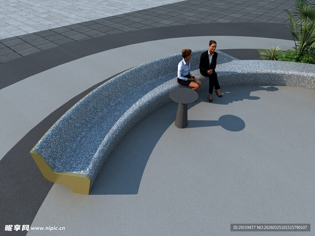 户外弧形座椅上的两人