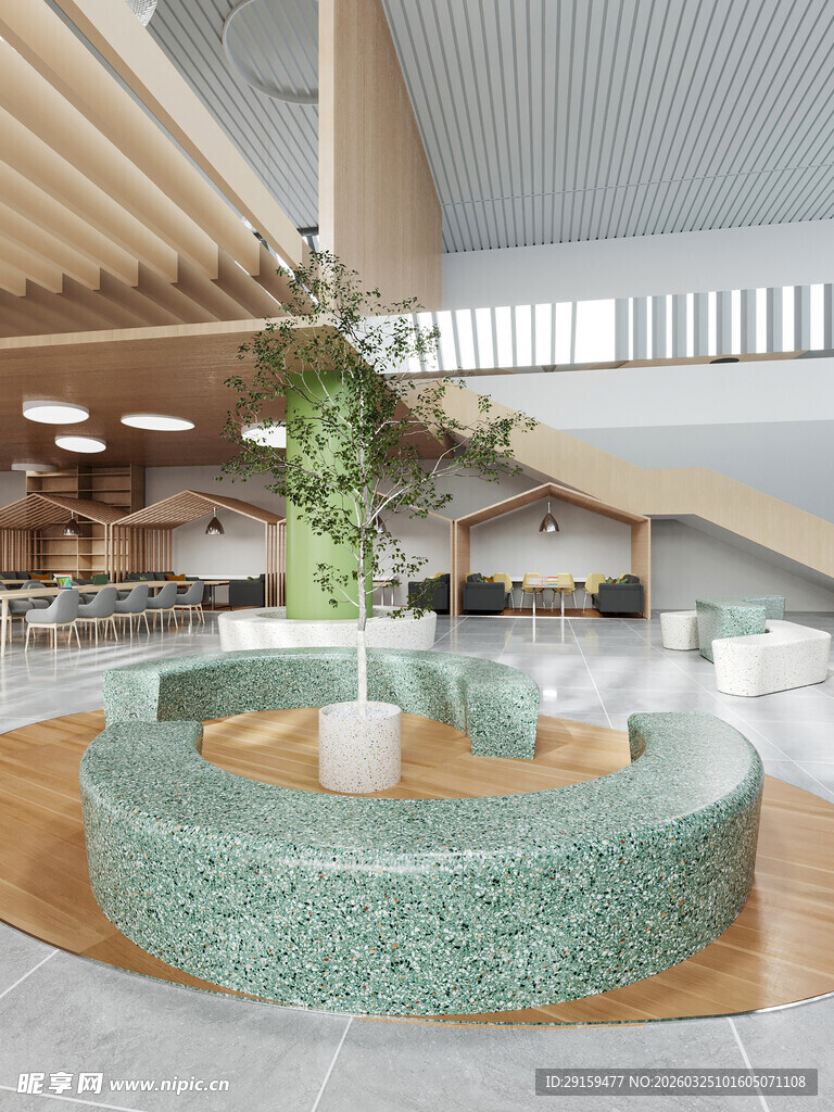 现代室内圆形绿植休息区