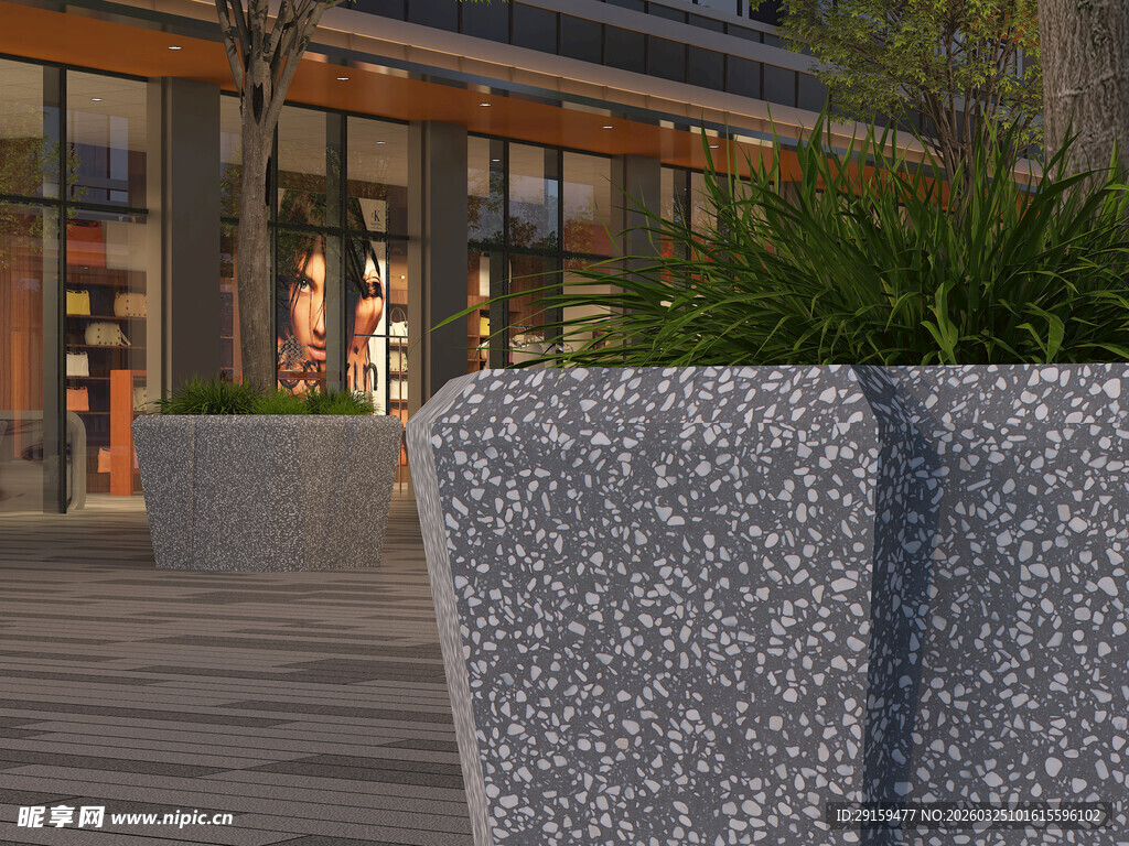 户外灰色景观花盆与商铺