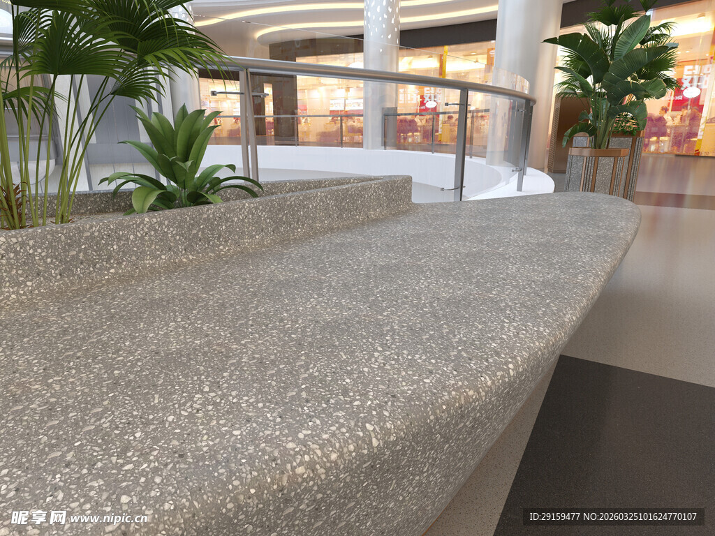 现代商场内的石质弧形长椅