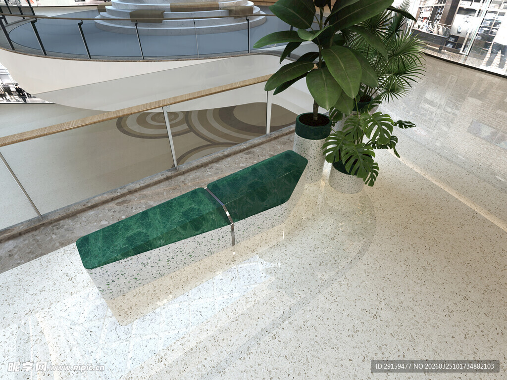 室内绿植装饰的金属长椅