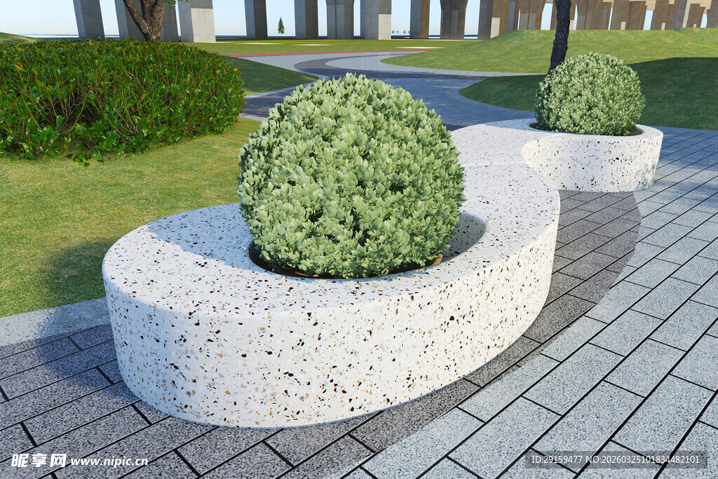 石制花坛中的翠绿球形灌木