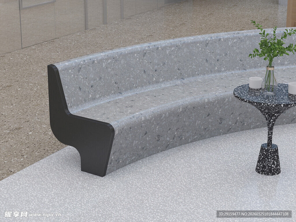 弧形灰色石质长椅与小桌