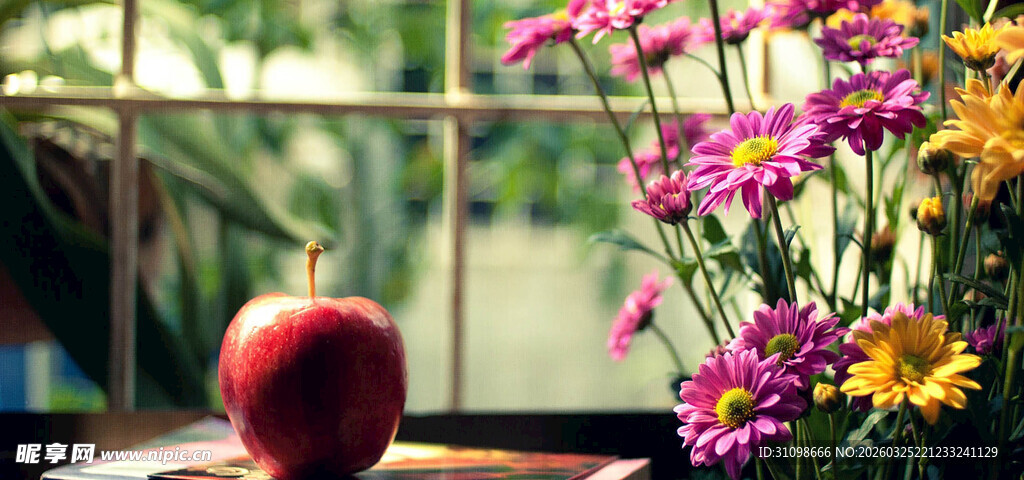 窗边苹果与多彩花卉