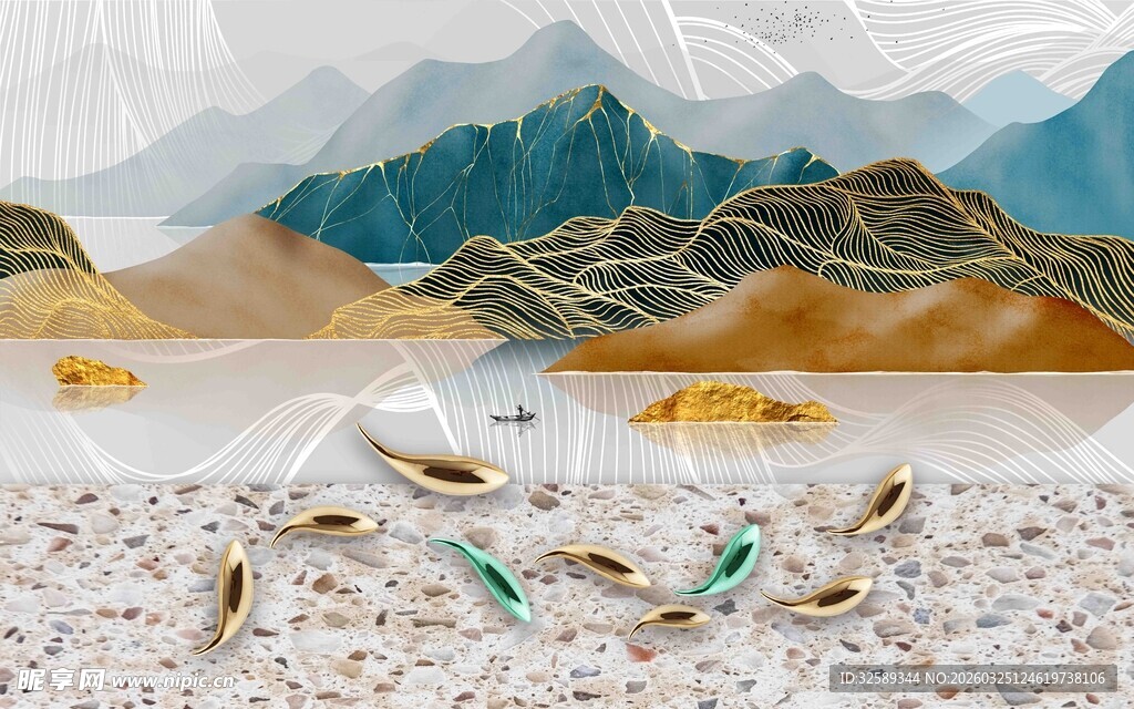 水墨山水间的多彩飞鸟