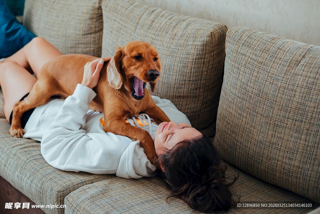 女子与宠物狗惬意躺沙发