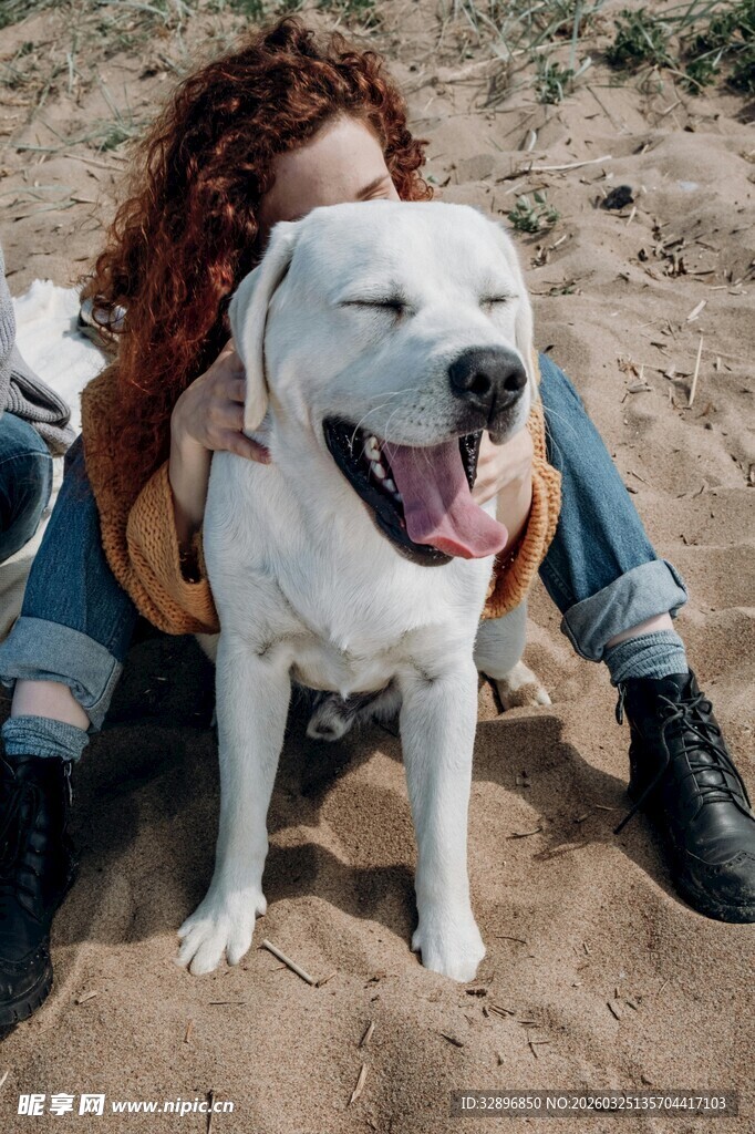 女子与白狗惬意相处瞬间