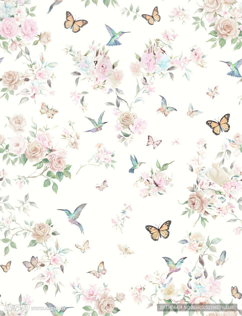 花鸟蝴蝶浪漫花卉图案